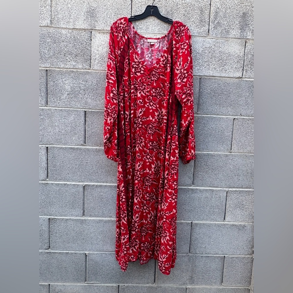 Knox Rose Dress Red Floral V-Neck W/Button Detail XL Midi/Maxi Belted Holiday